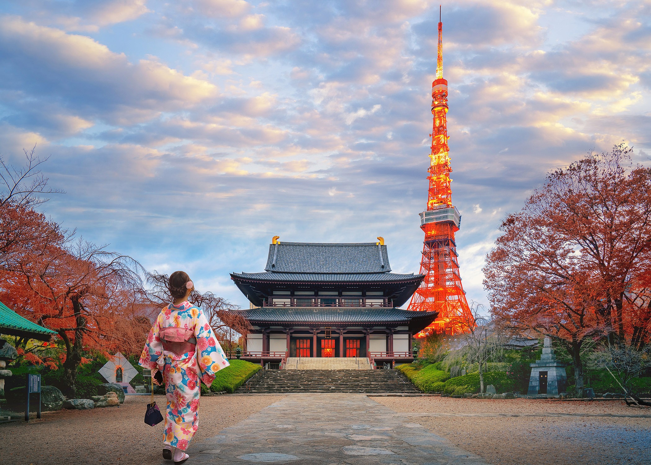 Woman in a Colorful Kimono Walking Toward Zojoji Temple with Toky