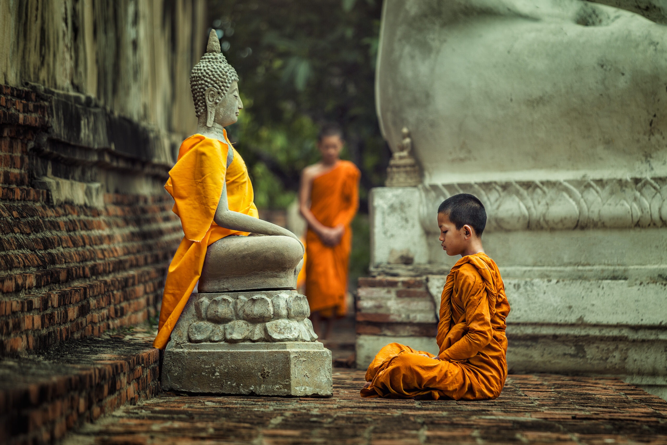 Novices Monk Vipassana Meditation at Front of Buddha Statue