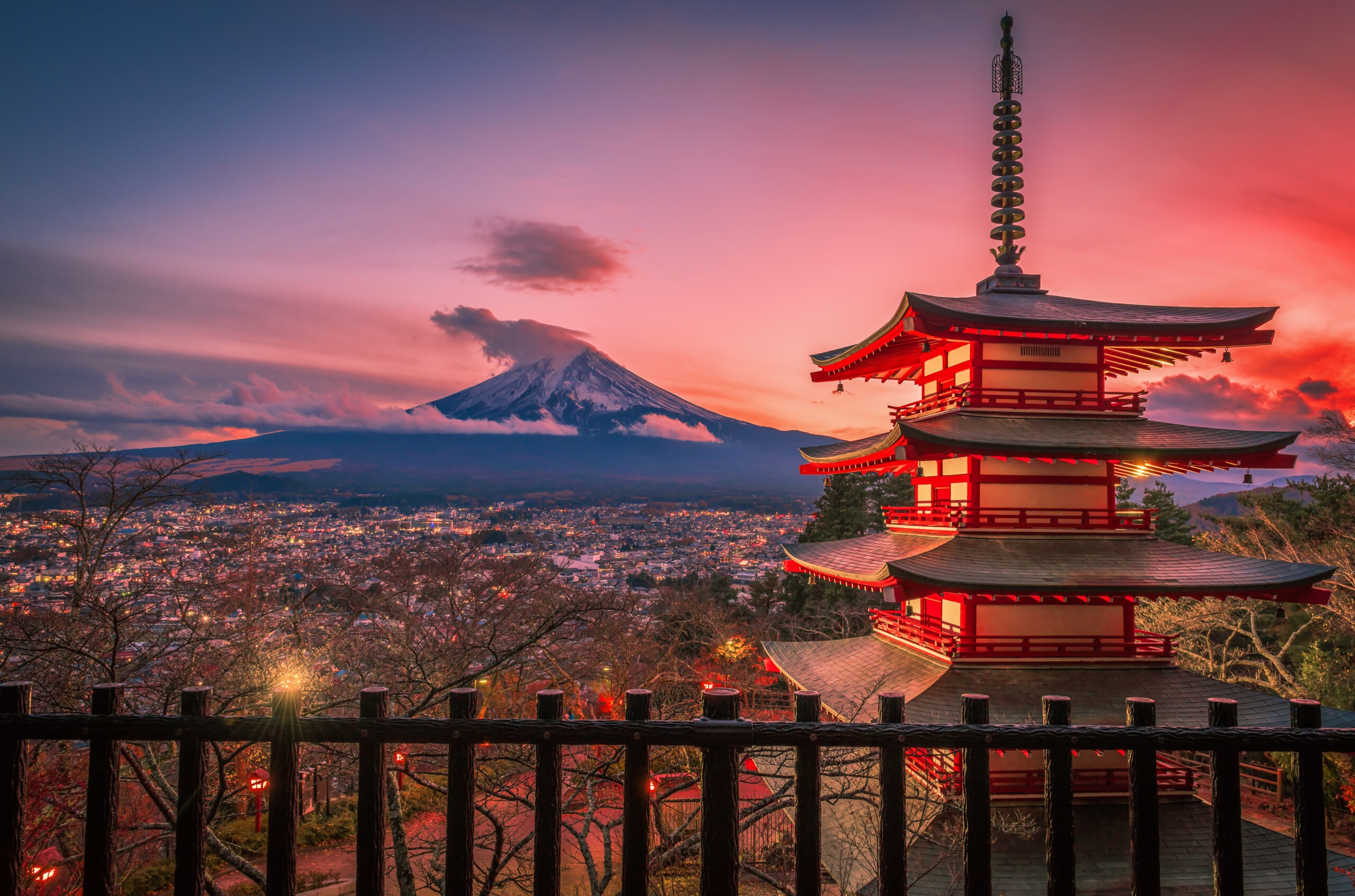 Chureito Pagoda and Mount Fuji Illuminated at Night